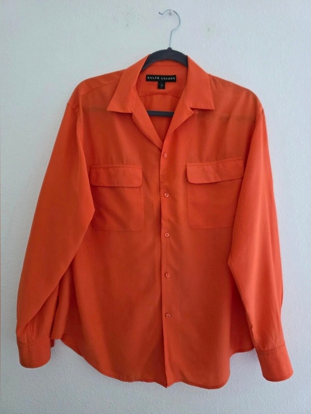Ralph Lauren 100% Silk/Chiffon Button Front Utility Shirt Vibrant Orange Sz 12